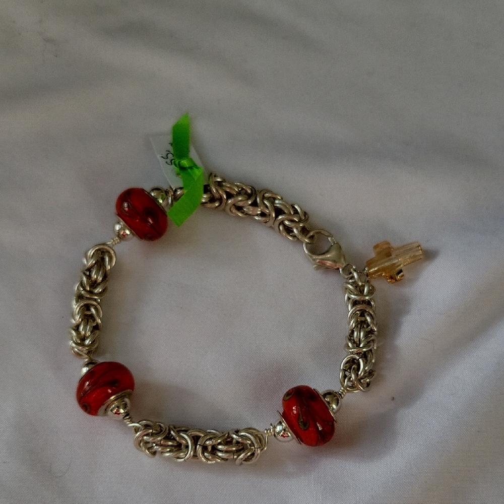 Elegant Sterling Silver Boho-chic Bracelet with Red Beads